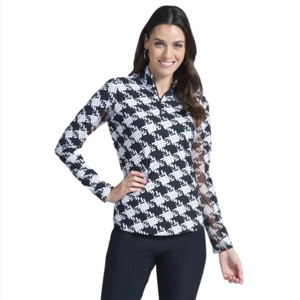 Ibkul Kimberly Long Sleeve Zip Mock Neck Top in Black and White Size M